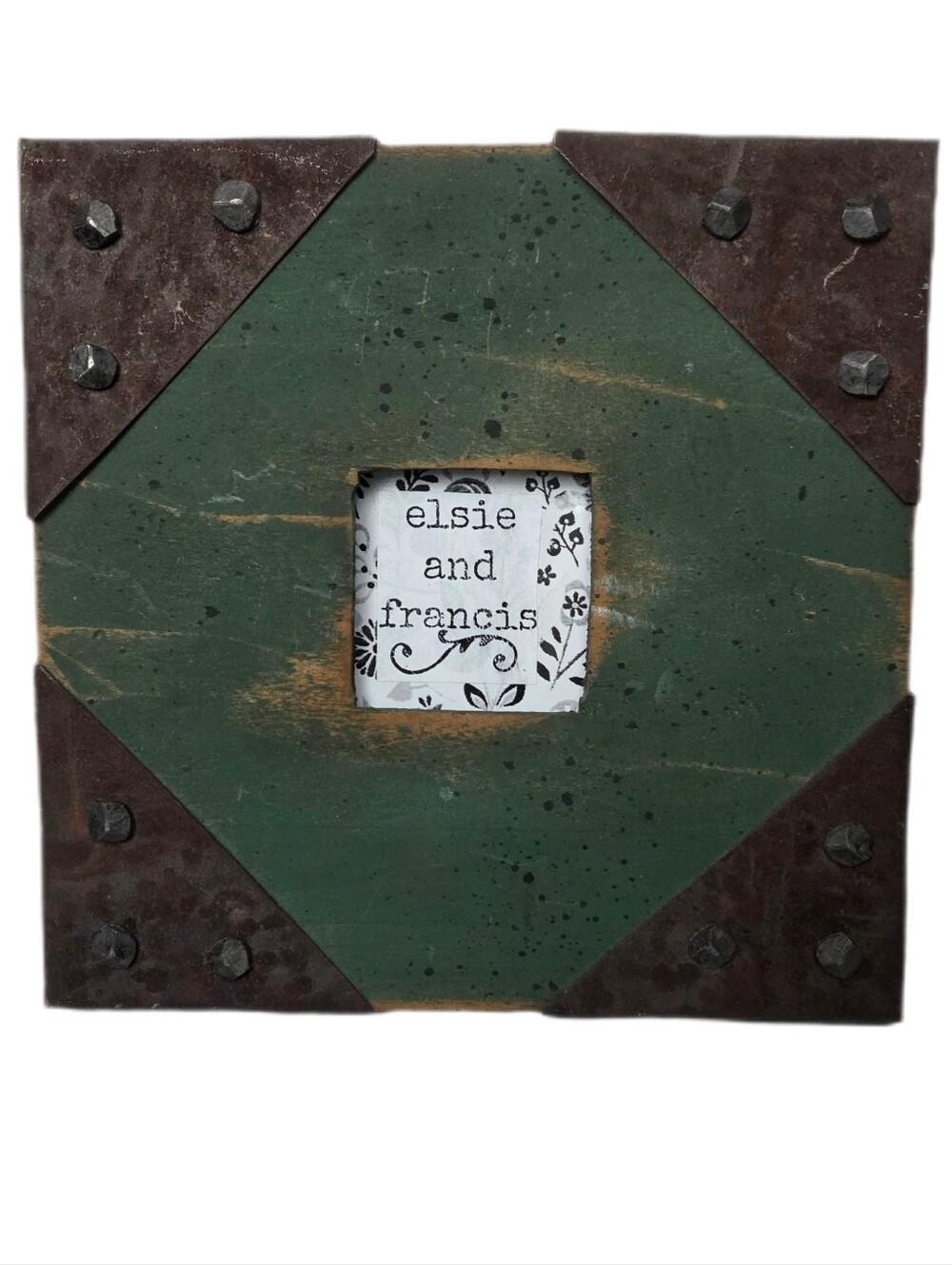Vintage Rustic Painted Green Distressed Wood Picture Frame with Metal Accents